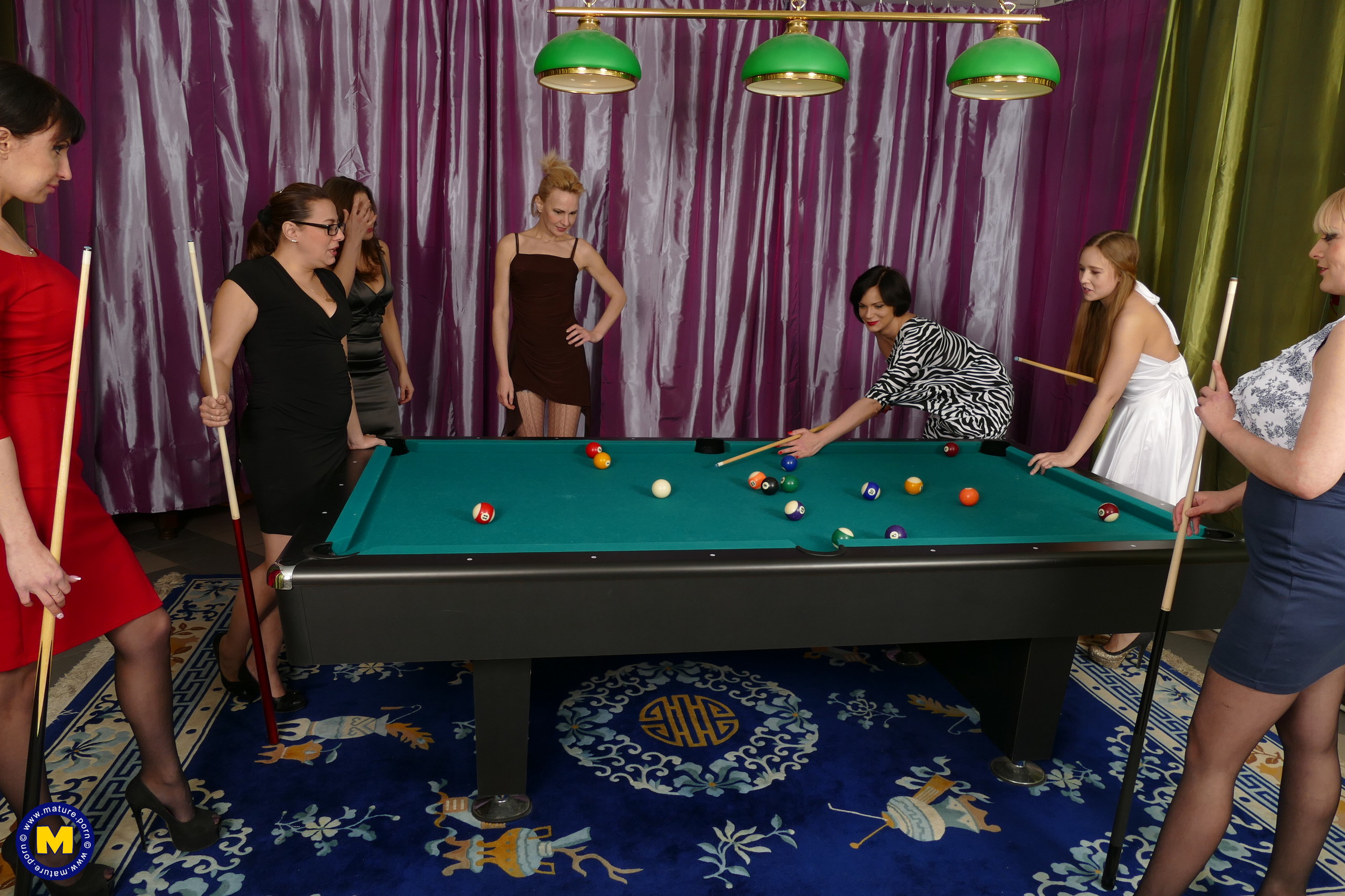 2560px x 1706px - Several stocking-clad and high heeled old and young lesbians make a wild  orgy on the billiard table